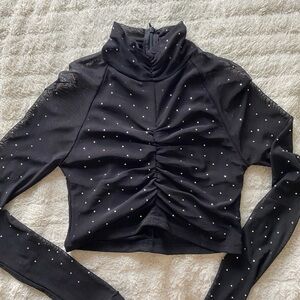 Mesh Black Ruched Bedazzled Crop Top